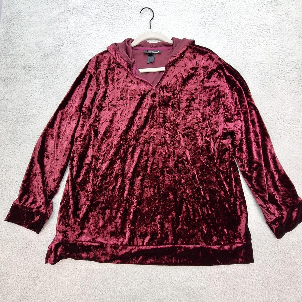 Ashley Stewart Hoodie Womens 18/20 Burgundy Crushed‎ Velvet Pullover